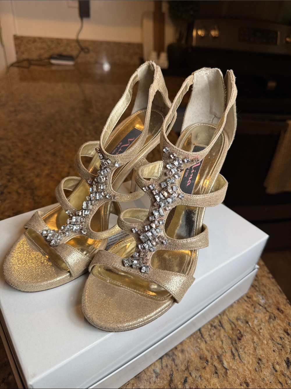 Nina Gold Embellished Strappy Heeled Sandals - Women